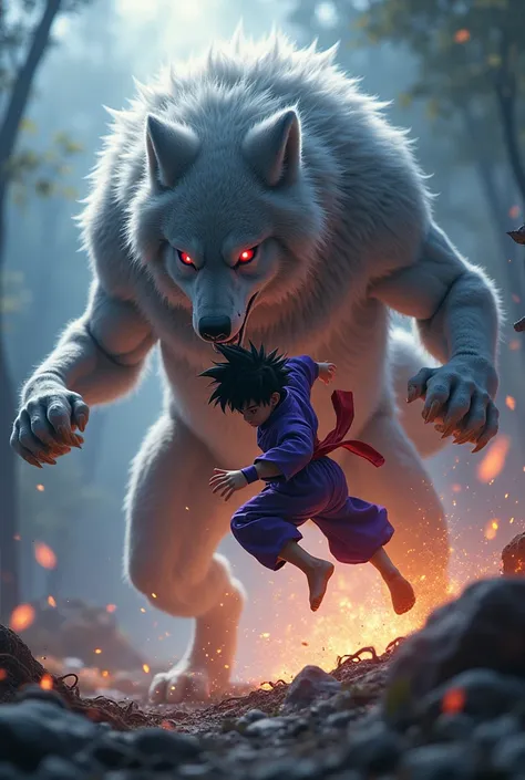 An ultra-realistic depiction of a young martial artist resembling Gohan from Dragon Ball Z, mid-air in an intense leap toward a massive, ferocious wolf. Gohan is wearing his iconic purple gi with a red sash, his spiky hair standing out as he shows a determ...