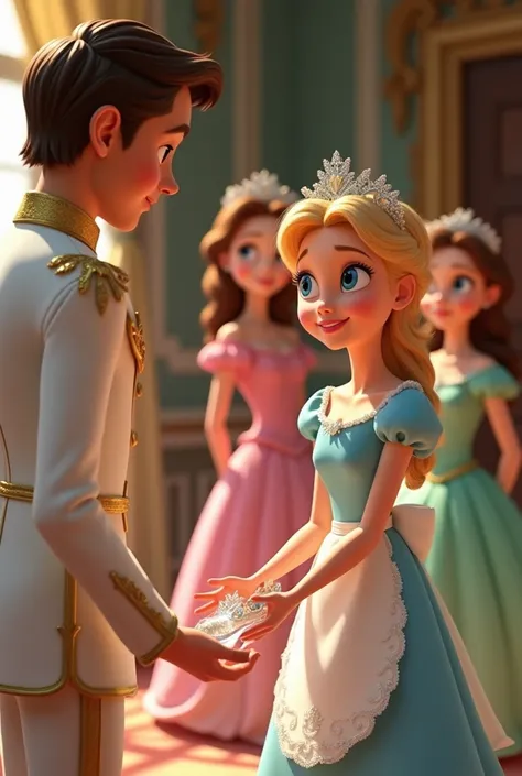 Animated Disney Pixar style image of a 23-year-old maid with blonde hair and blue eyes trying on a transparent glass sneaker in front of a prince who is wearing a white suit and in the background 2 23-year-old young queens wearing pink and light green dres...