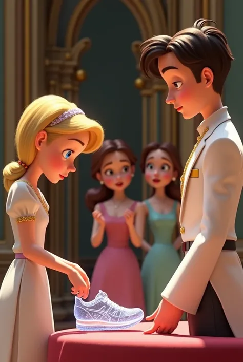 Animated Disney Pixar style image of a 23-year-old blond haired, blue-eyed servant trying on a transparent glass sneaker in front of a prince who is wearing a white suit and in the background 2 23-year-old young queens wearing pink and light green dresses ...