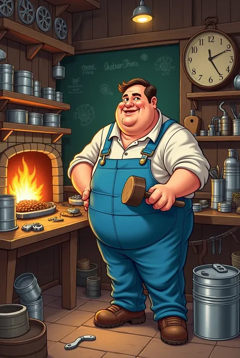 Create a cartoon that is a tinsmith in a blue jumpsuit