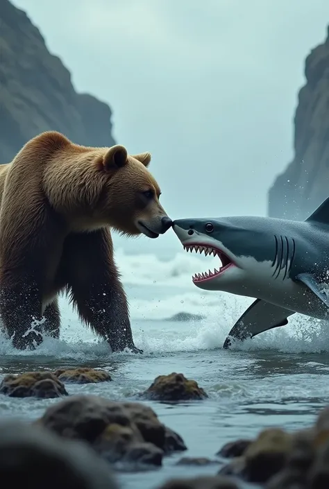 A bear and a shark facing eachother