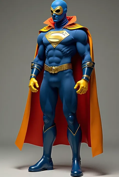  The suit is mainly blue .  It has a blue shirt or t-shirt , blue pants or tights ,  blue boots with gold details on the ankles and yellow gloves .  She also wears a blue mask with a gold band around it and an orange cape or handkerchief tied around her he...