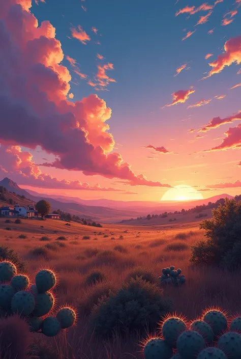 Draw a simple Tintin style art of a desert field with prickly pear plantation sunset hellish twilight country house meadows sky!!!  clouds!! detailed in a field, anime nature, Makoto Shinkai!, anime beautiful peace scene, anime countryside landscape, anima...