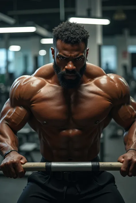 A muscular black man working out in a weight room 