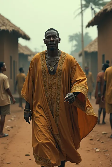 Adebayo in a nigeria traditional agbada trapped in an invisible force, being pulled toward the center of the village by a ghost, unable to resist.