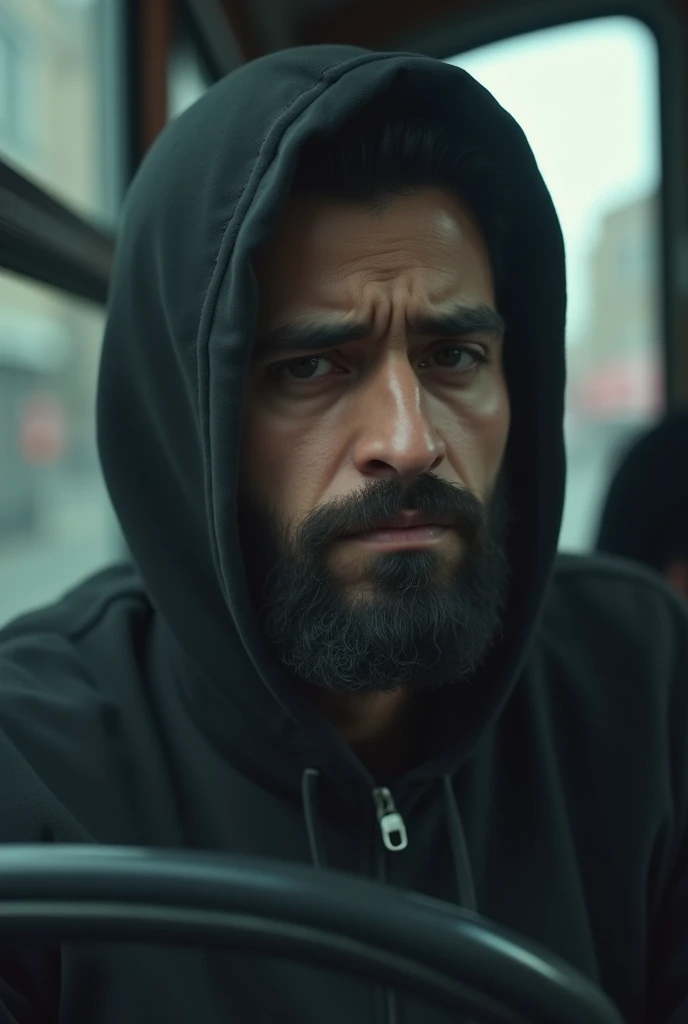 The young Afghan, who has just grown a beard, is upset by the window of a bus in a very sad black hoodie.