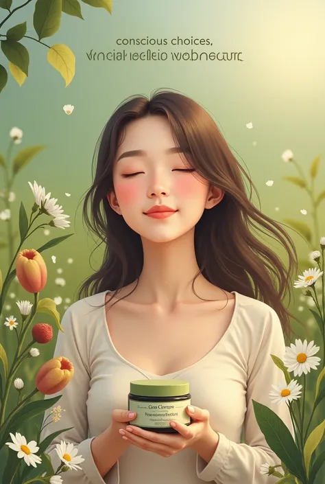 K
"A scene depicting the impact of natural cosmetics on health and well-being. Show a woman holding an organic cream or oil, with a calm, natural environment in the background, such as a flowery field or green leaves. Include visual elements reminiscent of...