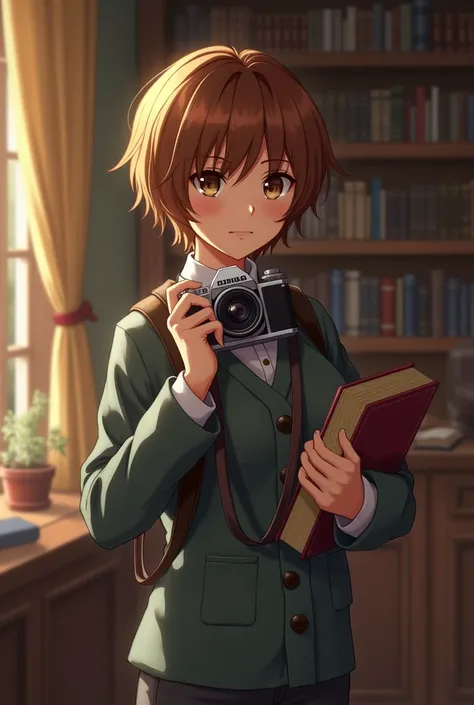 Brown-haired brown-eyed right-hand camera takes book photoraph in left hand