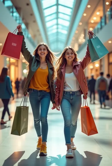 two girls in a mall with shopping bag