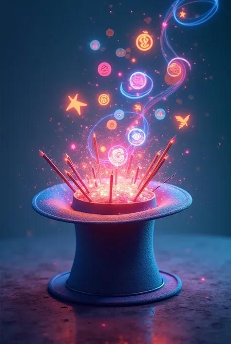 A magical, glowing hat overflowing with 3D and 2D graphic design tools and symbols (like pens, brushes, vectors, 3D models, color palettes). The style should be whimsical and magical, with a strong emphasis on vibrant, glowing lighting and a sense of dynam...