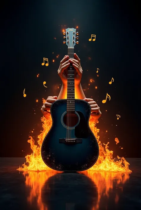  A cinematic-style image of a black acoustic guitar with details in dark blue and gold, positioned erect .  with two hands behind it in the acuistic guitar design style , . the background is black,  with bright flames surrounding the guitar  .  Musical not...