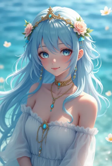 A girl with a small smile who is standing in the foreground. The backround is the sea whish covers her a little. The girl has blub crystal eyes and light blue hair with jewels and flowers inside. She has bangles and chains around her hand and a pendant aro...