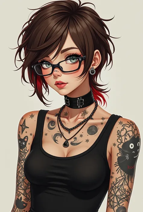 teenage female,but with androgynous features
Eyes:grey (wears glasses)
Hairstyle:short mullet
hair color:brown with red highlights
Style:metalhead
Piercings:snake bites,angel fangs,both nostrils,septum,all three lobe ones,industrial on left ear,two helix o...