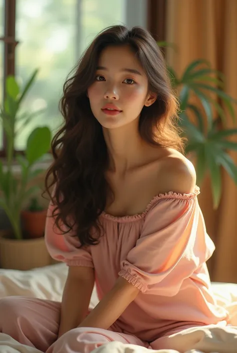 (photorealism:1.2), beautiful woman, sitting on bed, wearing loose off-shoulder top, pajama pants, long curly hair, indoors, soft lighting, plants in background, window with sunlight, cozy room, relaxed pose, animated,intricate details, warm colors, korean...