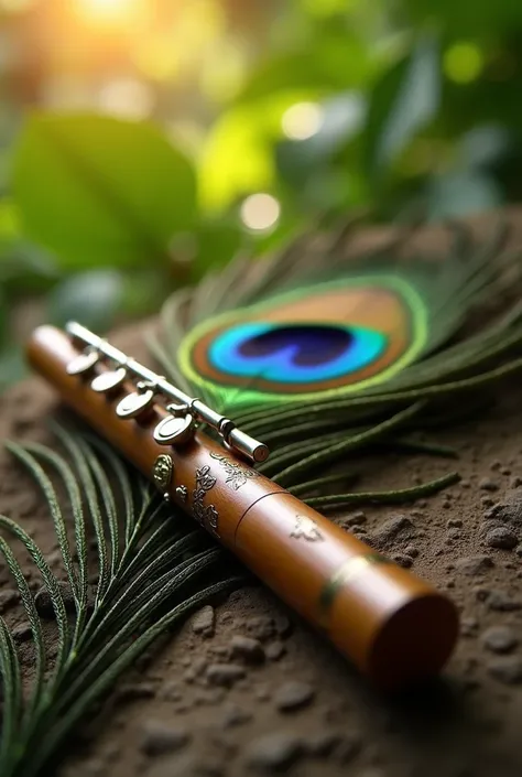 A photorealistic close-up of a beautifully crafted flute placed alongside a vibrant peacock feather, showcasing intricate details and textures. The flute has polished wood or metallic elements with visible engravings, while the peacock feather displays its...