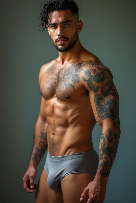  handsome Brazilian man , beautiful, high, blue eyes,  full body , defined muscles, detailed body,  hair trimmed on the sides with locks falling to the right on the forehead,  detailed nipples , detailed skin,  black pubic hair, black abdominal hair ,  wea...