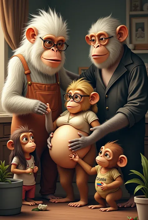 I need a picture of a family of BIG monkeys :
 an old jumpsuit with tall and fat white hair
An old girl with white hair with glasses and who cooks 
A pregnant monkey with blond hair and who wears glasses
a fat black jumpsuit that rests his hand on the preg...