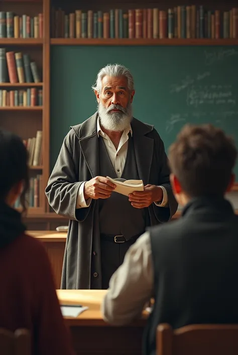 A white-skinned, black-haired teacher with 40 years teaching his students 