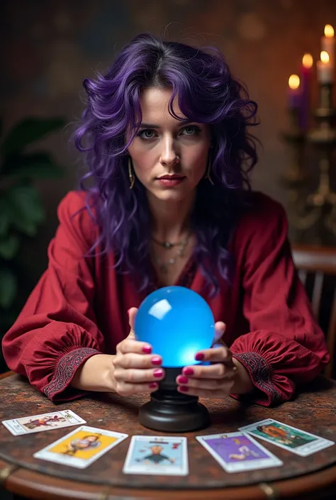 violet gypsy uses violet and red and yellow gypsy Vladimir, sitting at a table, With a crystal ball and Lenormand cards in the center