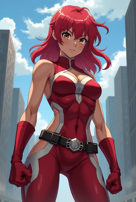  My Hero Academia Style ,   anime girl , woman, young woman ,  full body shot ,( Fighting Stance :1.3),Long Hair, Red Hair,   Brown Eyes , hero suit, Full Body Suit,  red suit with white details, perfect anatomy,  enhanced abs , super detailed,(building:1....