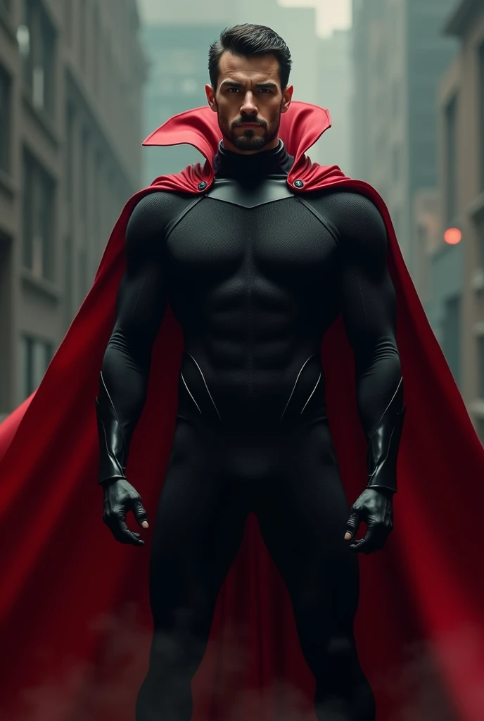  The character in the image wears a predominantly black suit with a red cape .  The suit is tight and seems to be made of a smooth material .  The cape is long and wide ,  with a style reminiscent of a classic superhero cape ,  although with a slightly mor...