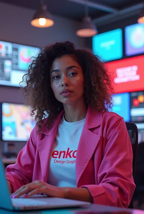 Une jeune femme métisse dans un bureau itech portant une veste rose et un t-shirt où est écrit ENKO DESIGN GRAPHIC 
Le bureau est composé des écrans où est inscrit BIENVENUE À ENKO DESIGN GRAPHIC 
Image réel 