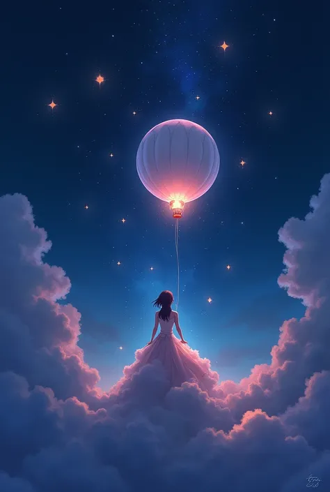 Night scene, stars shining in the sky and ren sitting on magical balloons. The stars are approaching and talking to them.