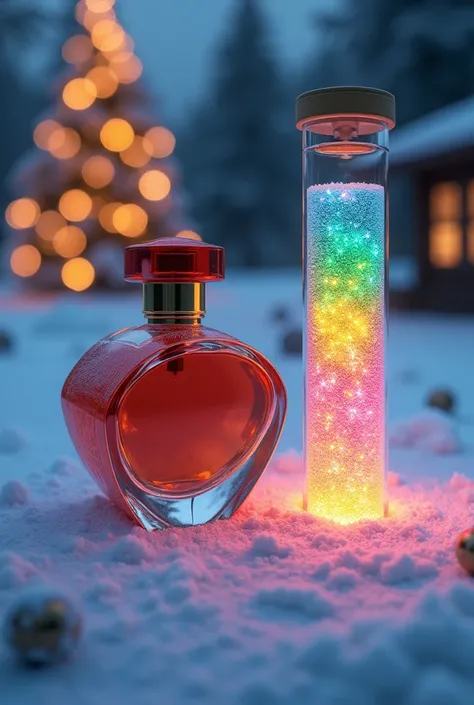 Xmas perfume next to a test tube filled with rainbow snow, snow spread around, xmas tree lighted up in the background.
