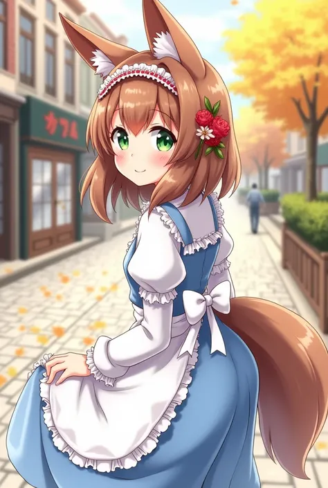 This anime girl is smiling happily, looking at the viewer. , Looking away, Anime illustration, Dynamic shot, Angle looking down on the girl from directly above, Solo, (Fox ears 1.6), Ear hair, Brown hair, Hair between eyes, Long sideburns, (Shoulder-length...