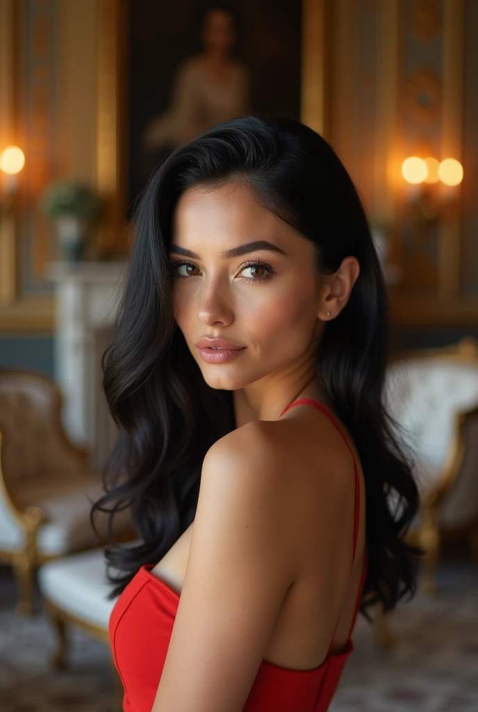 A 23 year old woman of French Spanish descent with a heart shaped face, mesmerizing brown eyes and sleek black hair swept to the side so her entire face can be seen, framing her porcelain-like Caucasian skin, standing confidently in a sumptuous villa surro...