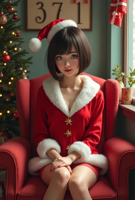 White Girl,  blue eyes,  short dark brown hair, boyish haircut,  dressed in a Santa Claus costume ,  sitting in a red chair ,  above the chair there is a sign  "371", there&#39;s a Christmas tree nearby, under her gifts , realistic style , definition 