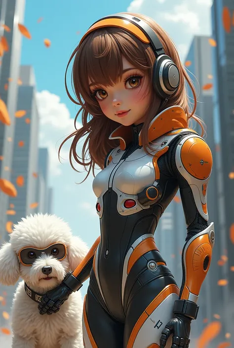 Draw a picture of a brown-haired girl with bangs and brown eyes who is a mechatronic superhero or her white poodle dog with mask called Redox 