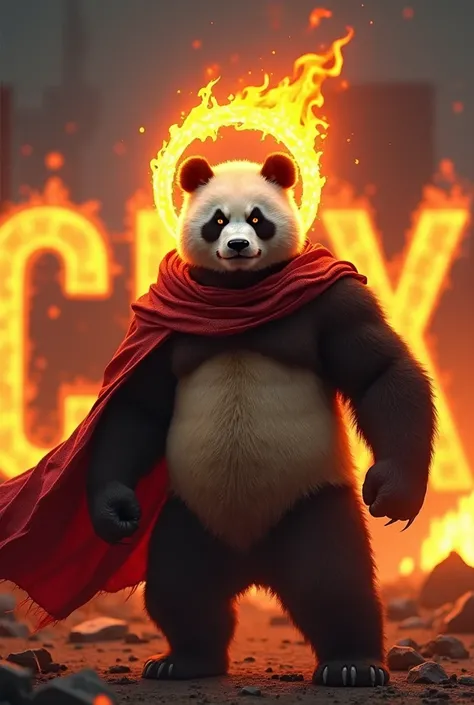 Un panda très énervé qui défend sa ville seul de lapocalypse. Il porte une cape rouge déchirée et une couronne de flammes. En arrière plan il est inscrit CHX en feu.
CHX est inscrit en feu en arrière plan. La couronne est ronde et en feu