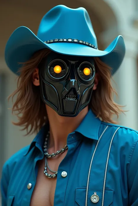  You make a guy with a black cyber mask that has two yellow balls on each side, Cabelo Maron ,  a blue cowbow hat ,  a blouse with the same shade of blue as the hat with two white buttons , And white stripe on white .