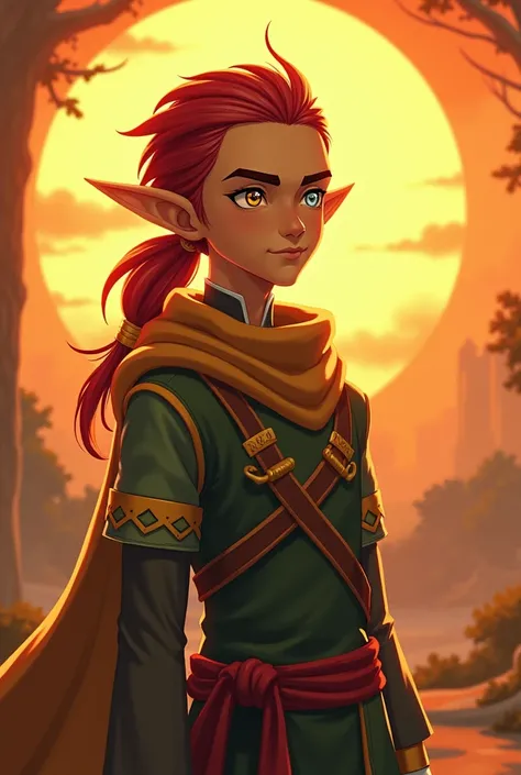 Legend of Zelda a young slender tall cute boy prince gerudo with the side of his hair shaved and with a red pony tail and one silver eye and a gold eye on the other with clothes that look similar to ganondorf clothes in legend of Zelda tear of the kingdom ...