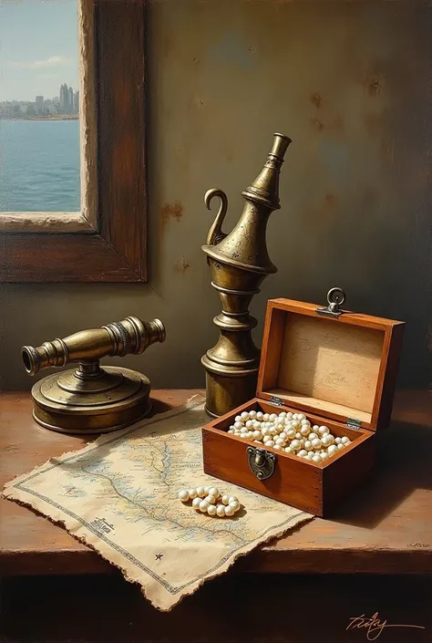  Still life in oil on canvas  :
Theme - marine , old map, spyglass,  box with pearls  