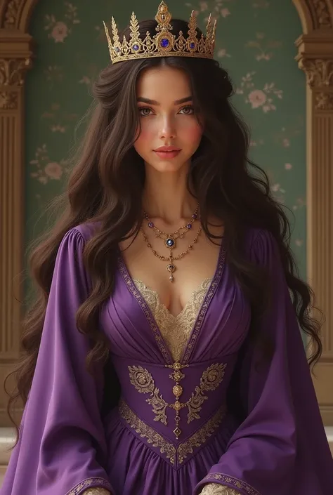 a young and beautiful queen dressed in purple who has long dark brown hair and a little brown skin with brown eyes