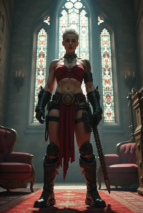 hyper-realistic image of a powerful and massively muscular Repentia Sister  from Warhammer 40k, standing in a heroic, confident, and dominant pose. She is wielding a chainsaw sword in one hand, showcasing her immense strength and combat readiness. She has ...