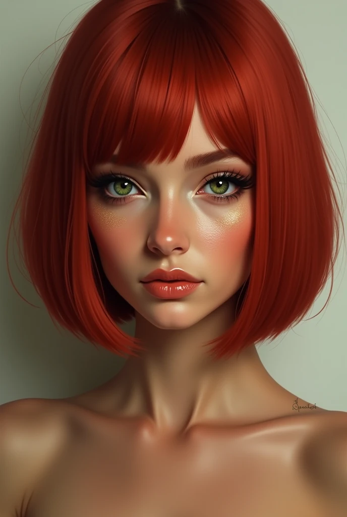  Realistic portrait of a woman,  front, red bob , straight hair, Hair over a length ,  narrow and long mouth, green eyes,  distinctive face , tanned,  subtle makeup,  masterpiece, 