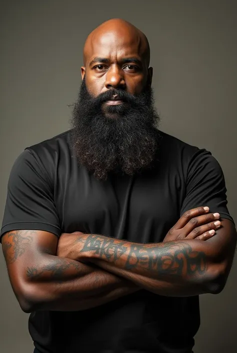 black man, Looking 55 years old , of medium height, with a striking appearance.  He has a long brown beard , well-groomed,  that complements his robust style . He is bald and slightly remembers the image of Santa Claus .  His physique is strong and full-bo...