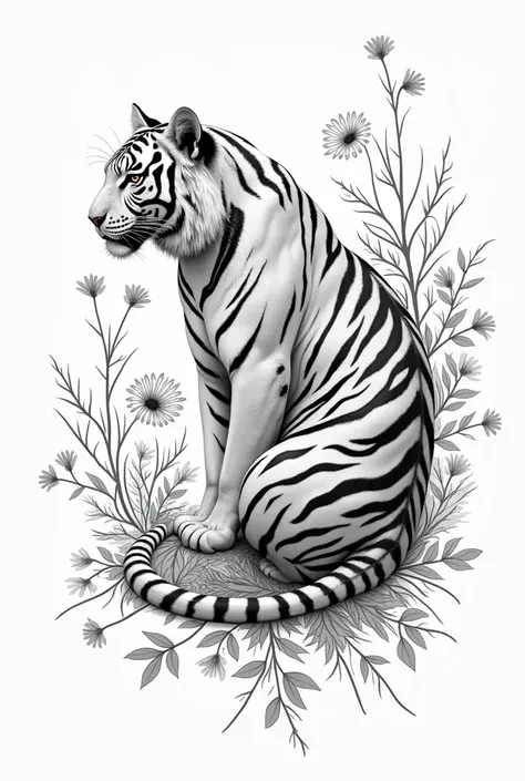 A Tigre with pattern inside of it, flower dessin au trait background, un fond blanc, monochrome, dessin au trait
