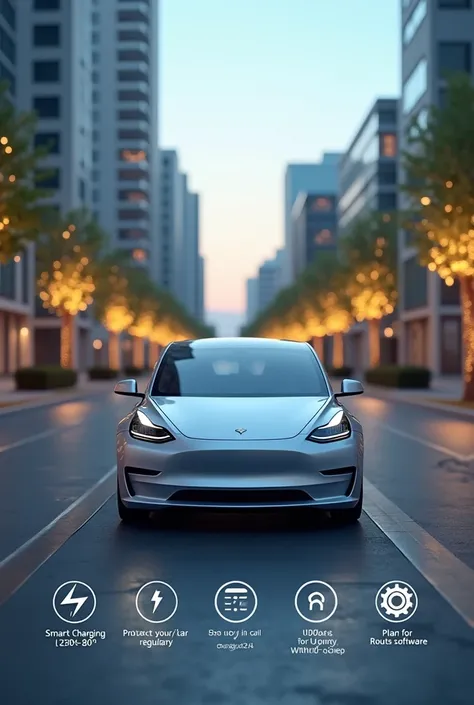  attractive background of an urban or natural environment with an electric vehicle in the foreground.  Include representative icons for each type : a lightning bolt for  " Smart Charging : 20%-80%",  a thermometer for  " Protect from heat and cold ",  a ca...