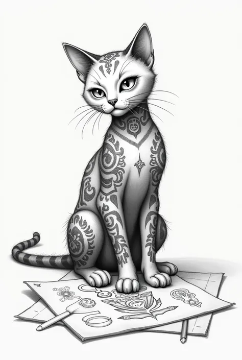 Character of a tattoo cat drawn in pencil who has tattoos and that the cat is drawing flash tattoos on a sheet 