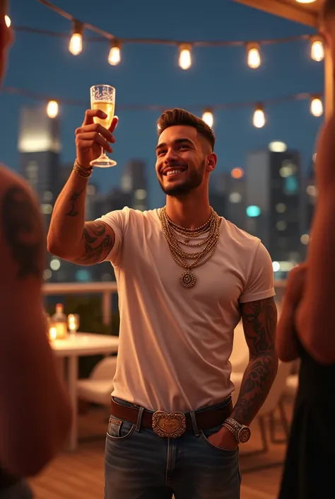 “(((A young white man , rapper much like Prince Royce ,  has short, well-groomed hair , No beard or mustache))),  enjoying an exclusive party on a terrace with panoramic views of the city. He wears a luxury t-shirt ,  designer jeans and multiple gold chain...