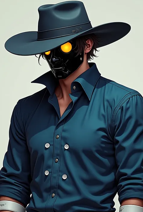 Do you look like a guy wearing a black cyber mask with two yellow balls , Cabelo Maron , a dark blue cowbow hat,  a blue blouse the same tone as the hat with two white buttons one underneath the other,
and white bands on both arms .