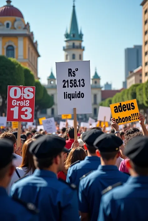 Texto em destawue tipografia. A photo of a celebration and protest with a sign that says "R$ 2158.13 líquido". Another sign says  in perfect typography “(adeus iPhone!!!!)" in celebration of the "13 salário com gosto";  The background contains other protes...