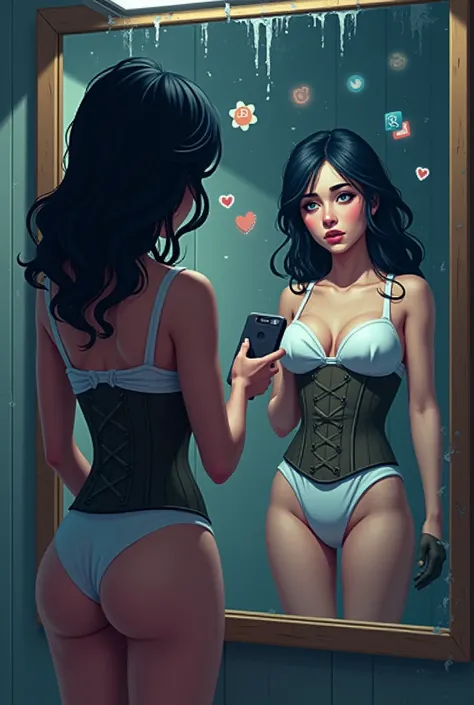 Create a pixelart . Show a young woman looking at her reflection in the mirror ,  reflecting an idealized image of herself while she wears an extremely tight corset strap to appear thin and .  He holds a phone with social media icons floating around,  whil...