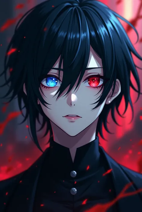 Male vampire anime character with black hair with one blue eye and the other red eye similar to Sunghoon from Enhypen 
