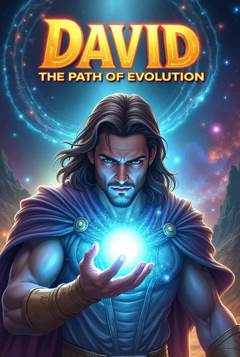 " An impressive magazine cover for the comic book of David and the Explorer of the Universe.  In the center of the cover ,  David is portrayed in a heroic pose ,  with his figure radiating cosmic power hair .  He has dark and penetrating brown eyes ,  with...