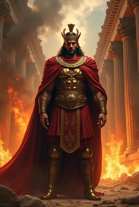 Create the image of the Persian King Xerxes with the background image of a burning Greek temple